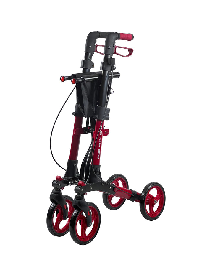 Breeze Rollator red rollator folded standing