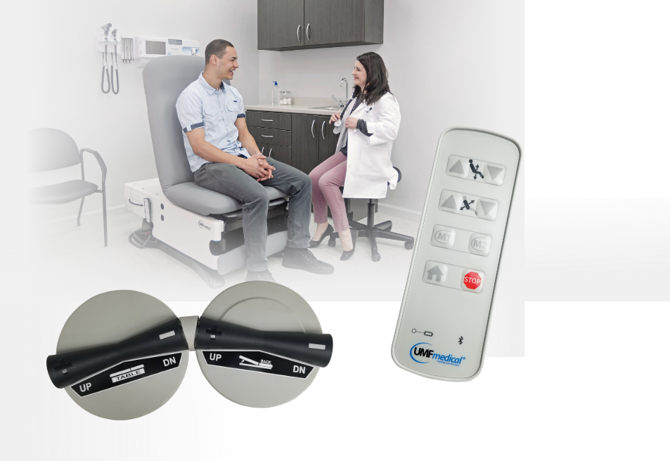 Clinical-grade 4040 exam table with integrated receptacle and mobility features – side profile