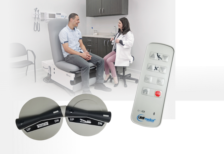 Clinical-grade 4040 exam table with integrated receptacle and mobility features – side profile