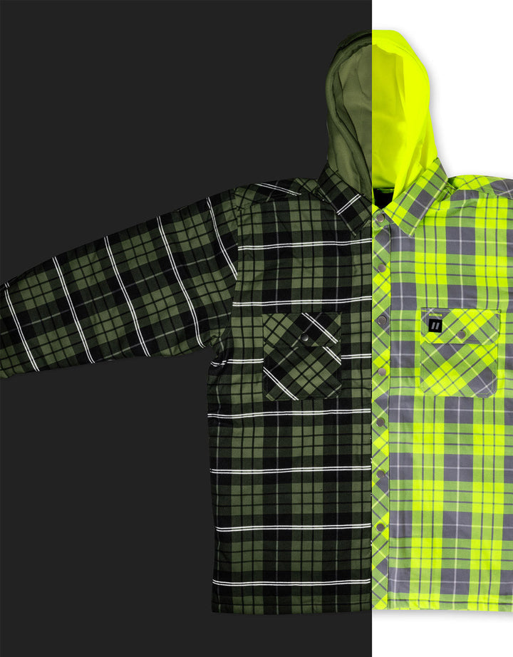 ForceField Hi Vis Plaid Hooded Quilted Flannel Shirt Jacket with Reflective Striping