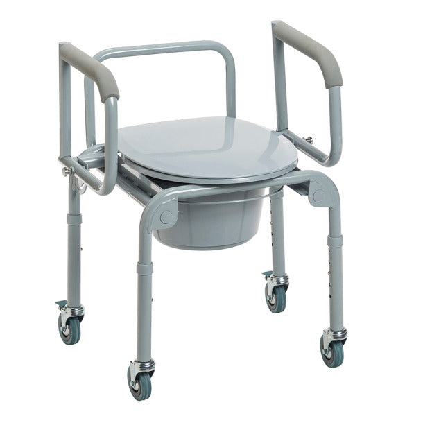 Steel Drop Arm Commode with Wheels and Padded Armrests: Enhanced Mobility and Comfort