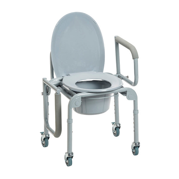 Steel Drop Arm Commode with Wheels and Padded Armrests: Enhanced Mobility and Comfort